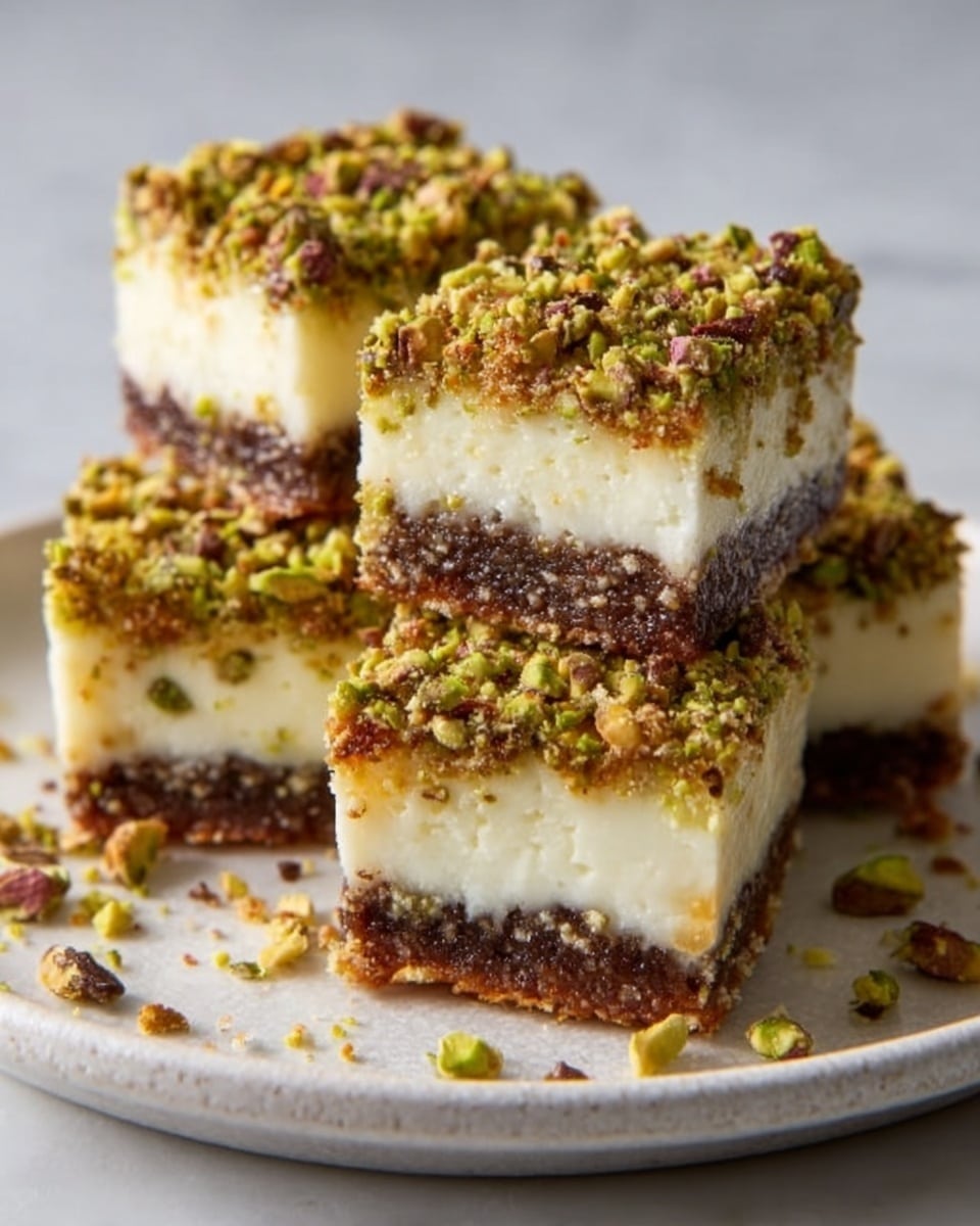 The image shows five square dessert pieces stacked on a white plate placed on a white marbled surface. Each dessert has three visible layers: the bottom layer is a dense, dark brown crust; the middle layer is thick and creamy white; the top layer is greenish-brown crushed pistachio nuts, giving a rough texture that covers the entire top. The dessert squares are neatly cut, with some pistachio pieces scattered on the plate around them. Photo taken with an iphone --ar 4:5 --v 7
