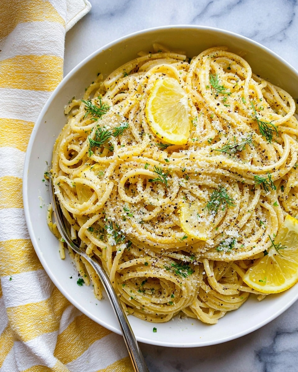 A bowl filled with light yellow spaghetti noodles twisted together forms the base layer, topped with thin, round lemon slices scattered on top, showing their bright yellow rind and juicy texture. The noodles are sprinkled evenly with small green herb pieces and white grated cheese, adding light speckles across the dish. There is a light coating of seasoning that looks like ground black pepper, adding dark tiny dots throughout the pasta. The bowl is white with a pale gray rim, placed on a white marbled surface, next to a silver spoon resting in the bowl and a yellow and white striped cloth to the side. photo taken with an iphone --ar 4:5 --v 7