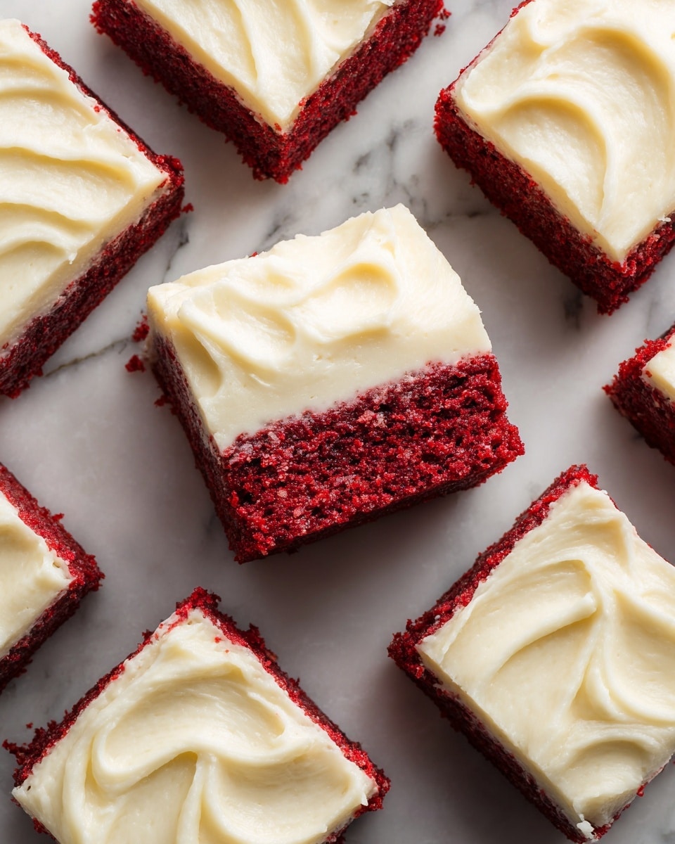 The image shows square pieces of a red velvet cake with a thick layer of creamy white frosting on top. Each cake slice is a deep red color with a soft, moist texture and is evenly covered with smooth, swirled white frosting. One piece is placed upright in the center, showing the bright red inside layer beneath the thick white frosting. The cakes are arranged on a white marbled surface that contrasts with the rich red and soft white colors of the dessert. photo taken with an iphone --ar 4:5 --v 7