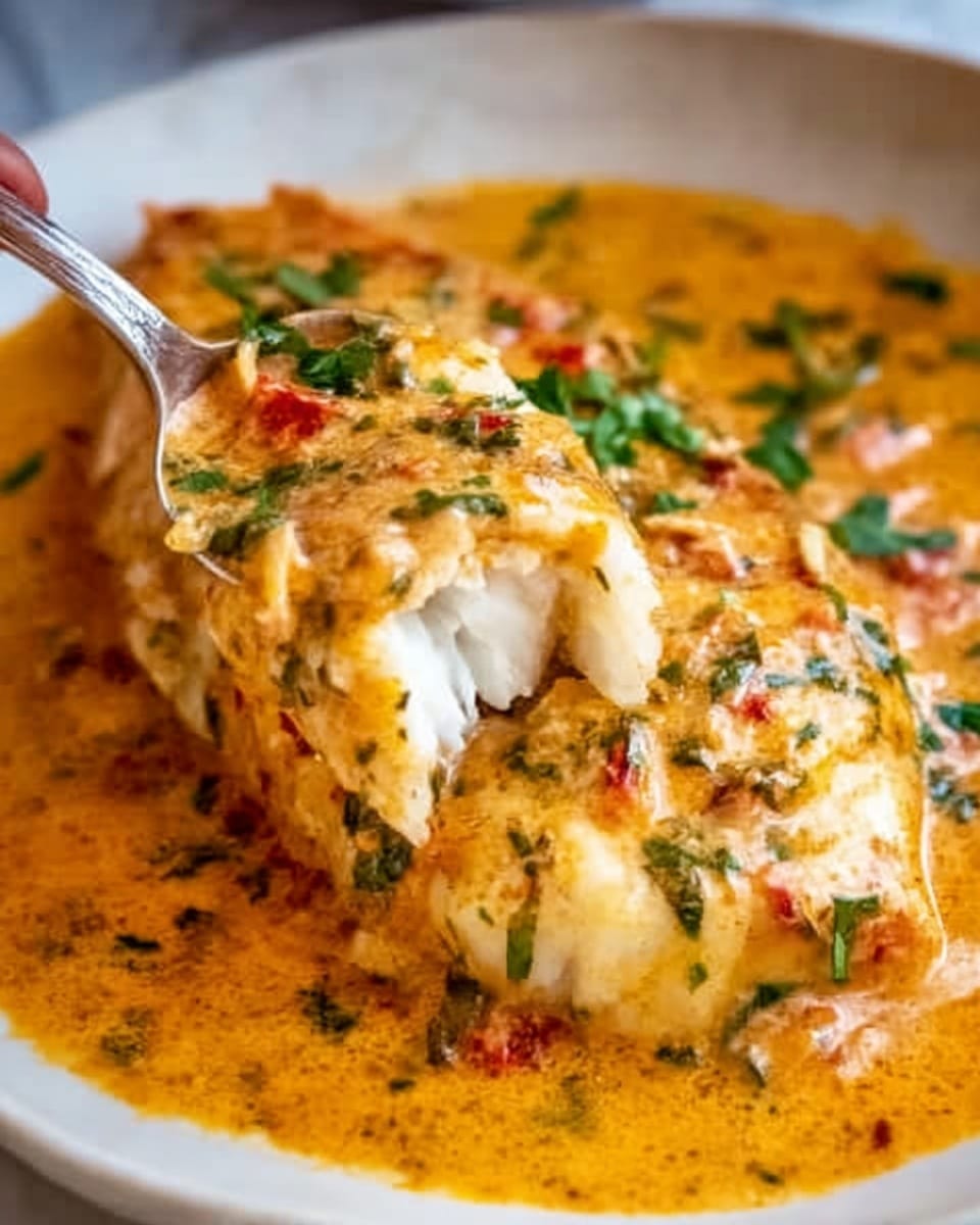 A close-up view of a cooked fish fillet covered in a thick, creamy orange sauce with visible specks of herbs and small red bits, likely peppers. The sauce has a smooth texture with some fresh green herbs sprinkled on top, adding color contrast. A silver spoon scoops a portion from the dish, showing the white flaky fish inside. The whole scene is set on a white marbled surface. photo taken with an iphone --ar 4:5 --v 7