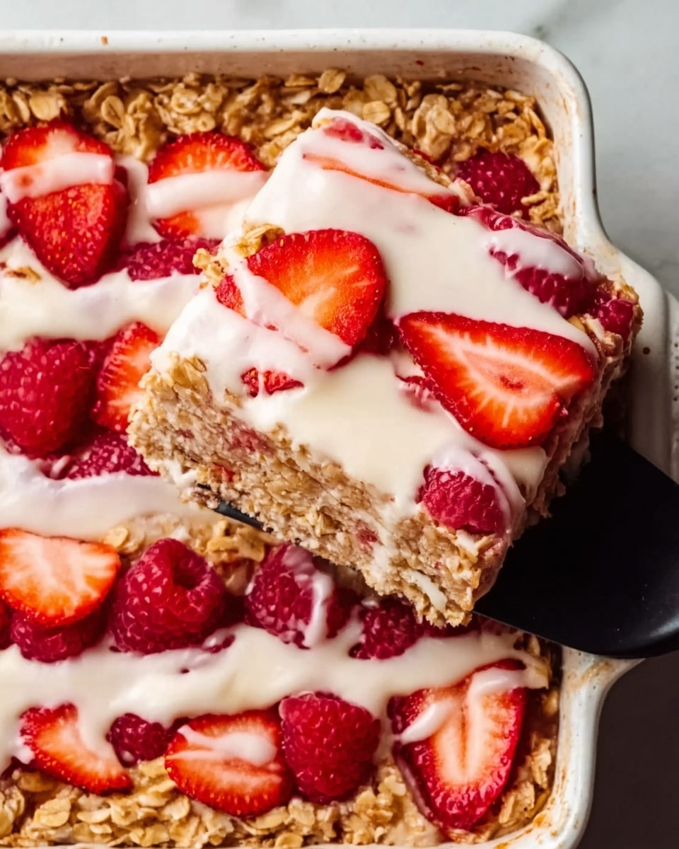 The image shows a white baking dish filled with a layered oat bar dessert. The bottom layer is made of coarse, light golden oats. Above this, there is a thick layer of shiny red strawberry and raspberry jam spread unevenly. Half-cut fresh strawberries and whole raspberries are placed on top of the jam layer, adding a bright red and pink color. The final layer consists of more oats, baked to a golden brown, with a light drizzle of creamy white icing crosswise over the top. A woman's hand is holding a black spatula, lifting one piece from the dish. The background is a white marbled surface. Photo taken with an iphone --ar 4:5 --v 7