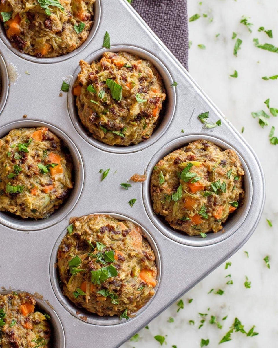 A close-up view of six muffin-sized veggie patties cooked in a metal baking tray with six round cups, each patty slightly browned on top with visible pieces of orange carrot, green leafy herbs, and small bits of mushrooms and other vegetables. The patties fill each cup almost to the top, with some fresh chopped green herbs sprinkled both inside the cups and on the white marbled surface around the tray. The texture of the patties looks rough and chunky with a mix of soft and crispy edges. Photo taken with an iphone --ar 4:5 --v 7