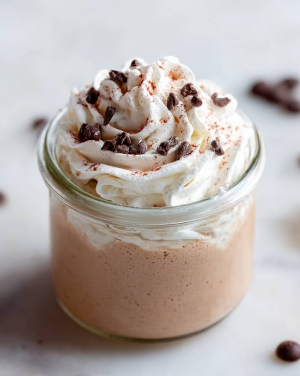 A clear glass jar filled with three visible layers: the bottom layer is a smooth, light brown mousse, the middle is a thick cream layer slightly lighter in color, and the top is a generous swirl of white whipped cream sprinkled with small dark chocolate chips and fine chocolate shavings. The jar sits on a white marbled surface with some chocolate chips scattered loosely around it, and a woman’s hand is holding a spoon near the top of the jar. Photo taken with an iphone --ar 4:5 --v 7