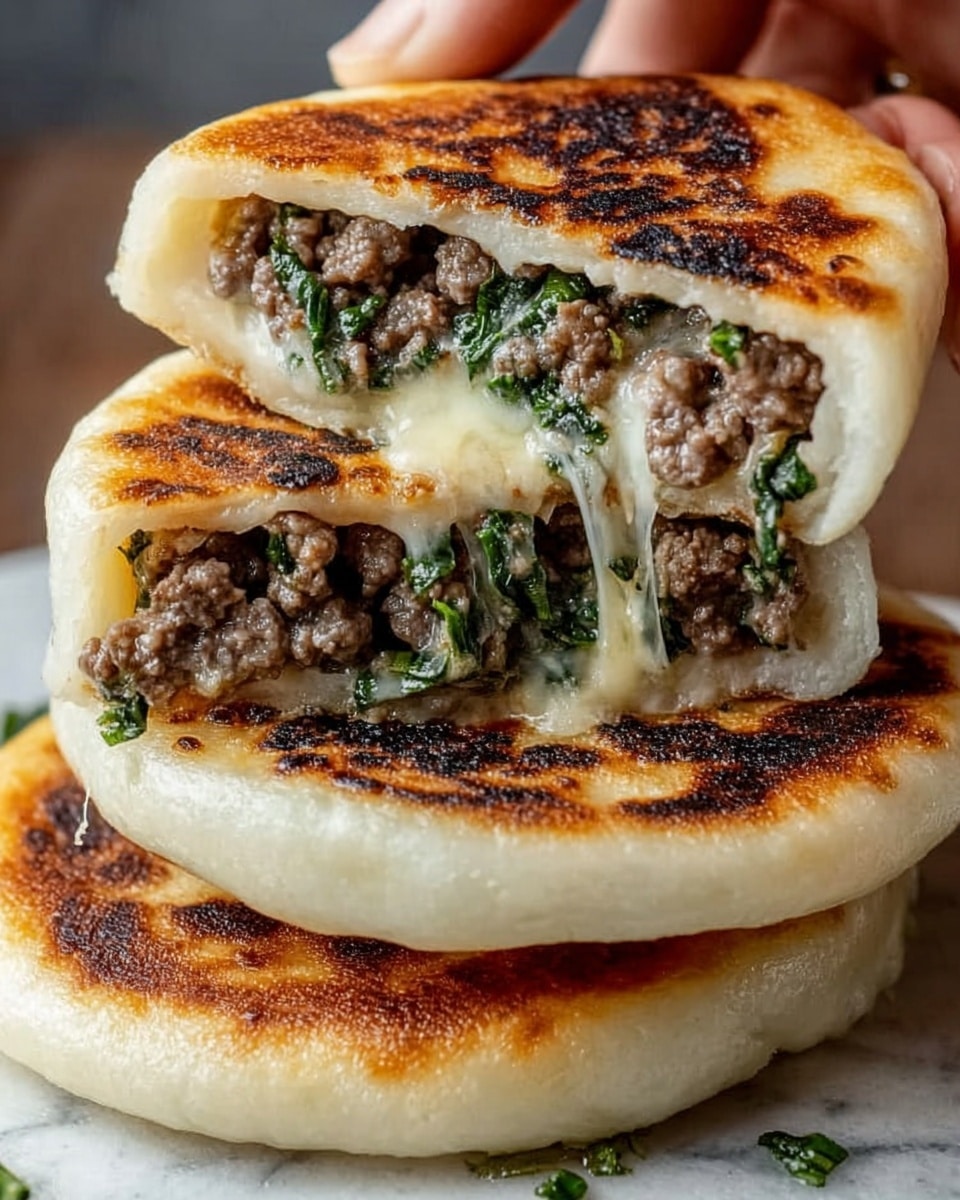 The image shows a stack of three thick, round stuffed flatbreads with a golden-brown, slightly charred top layer. Each flatbread is cut in half, revealing three clear layers inside: the soft white dough on the top and bottom, and a middle layer filled with cooked ground meat mixed with green leafy herbs. The melted cheese inside stretches slightly, adding a creamy texture between the layers. The stack sits on a white marbled surface, and a woman's hand is lifting one piece. photo taken with an iphone --ar 4:5 --v 7