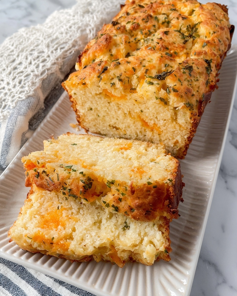 A loaf of bread with two slices cut from it is shown on a white rectangular plate with a simple lined pattern. The bread has a rough, crumbly texture with visible small pieces of orange cheese mixed throughout the light golden dough. The top crust is uneven and sprinkled with green herbs, adding a speckled pattern of dark green over the light orange and golden surface. The inside of the bread looks moist and soft with a dense crumb, showing the layered spread of cheese and herbs near the crust. The plate is placed on a white marbled surface with parts of lace fabric and a blue striped cloth visible in the background. photo taken with an iphone --ar 4:5 --v 7