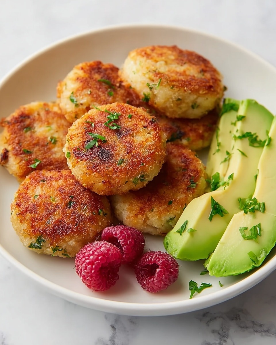 A white bowl holds several small, round patties with a golden-brown crust that looks crispy and slightly uneven, showing bits of green herbs inside. To the side of the patties are two ripe red raspberries with a textured surface and a few thick slices of bright green avocado topped with chopped fresh herbs. The bowl is placed on a white marbled texture background, giving a clean and fresh look. photo taken with an iphone --ar 4:5 --v 7