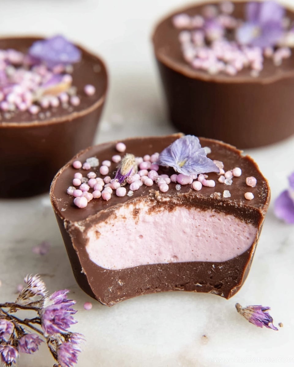 The image shows three small round chocolate treats on a white marbled surface. One treat is cut in half, revealing two layers: a thick bottom layer and top layer of dark chocolate with a smooth, shiny texture, and a thick middle layer of soft, light pink filling. The chocolate top is decorated with tiny round pink sprinkles and small purple flower petals, adding a colorful and delicate touch. More purple flowers and pink sprinkles are scattered on the surface around the treats. Photo taken with an iphone --ar 4:5 --v 7