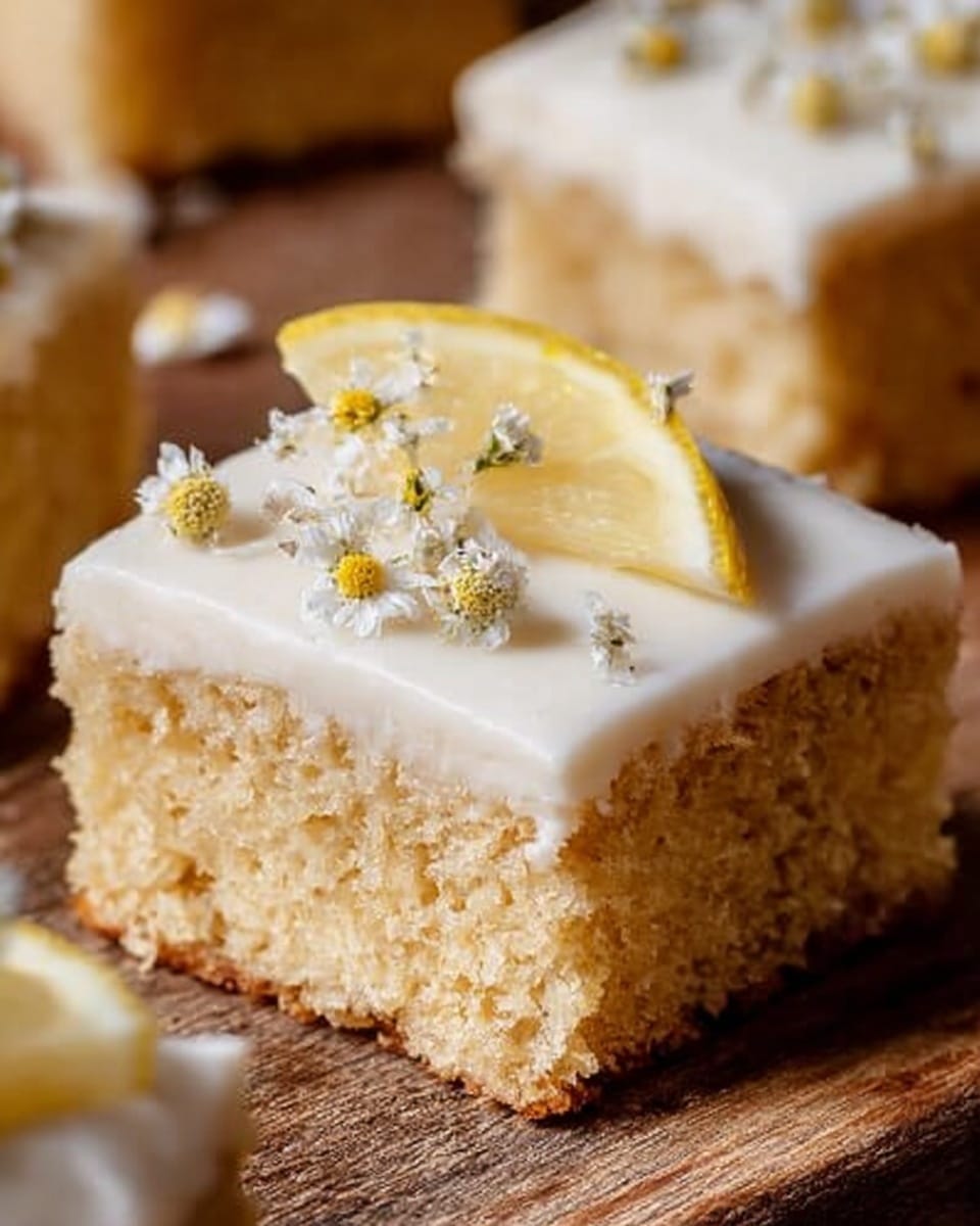 A close-up view of a square piece of lemon cake with a thick, smooth layer of white frosting on top. The cake layer is light yellow with a soft, crumbly texture. On top of the frosting, there is a small yellow lemon wedge placed at an angle, surrounded by delicate white flower petals spread evenly across. The cake pieces are placed on a wooden surface that contrasts with the cake’s light colors. photo taken with an iphone --ar 4:5 --v 7
