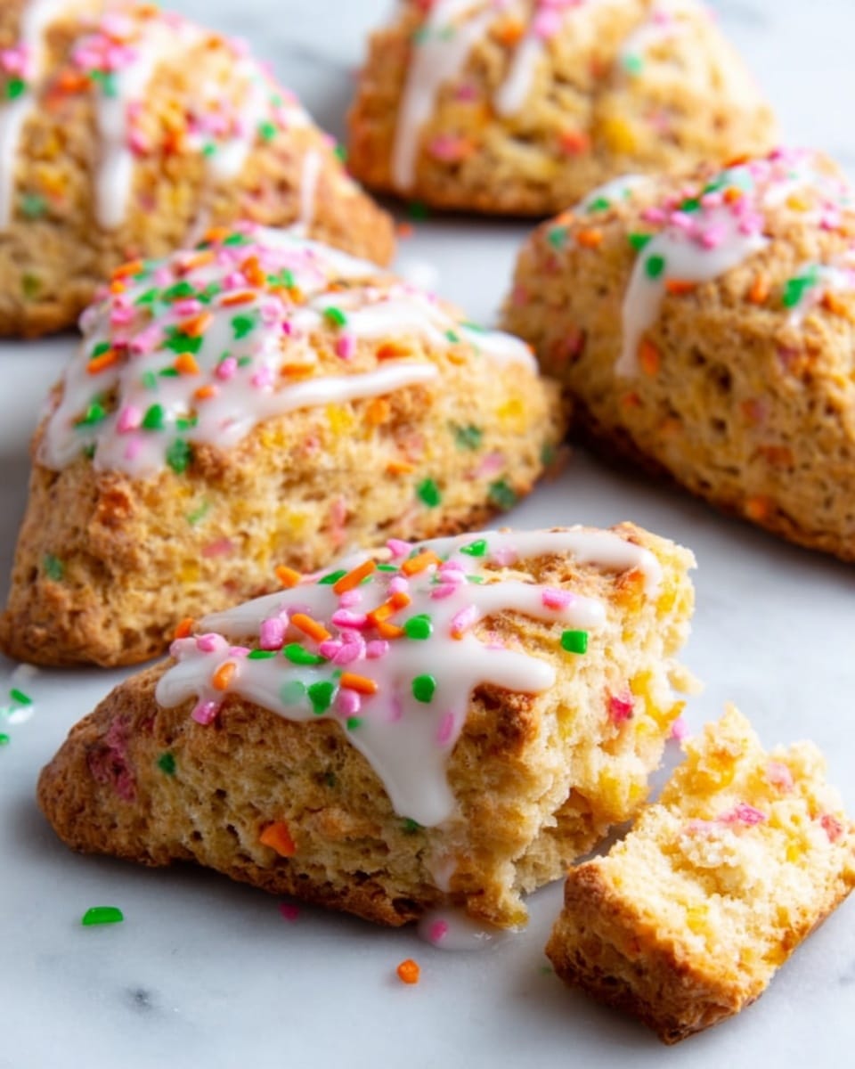 The image shows seven scones arranged on a white marbled surface, each scone layered with a golden-brown crust and a slightly rough texture. The top of each scone has a drizzle of white icing that glistens softly, adding a light shine. Brightly colored rainbow sprinkles are scattered evenly over the icing, giving the scones a fun and festive look. The scones are placed close together, with one scone slightly in front of the others, revealing its triangular shape and crumbly texture. The bright colors of the sprinkles contrast nicely with the warm tones of the crust. Photo taken with an iphone --ar 4:5 --v 7
