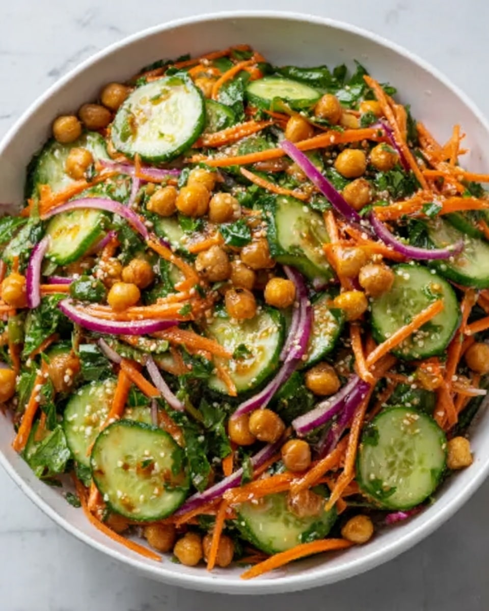A white bowl filled with a fresh salad, showing multiple colorful layers: at the bottom are bright green cucumber slices, mixed with thin, long strips of orange carrot and thin slices of purple onion scattered throughout. On top, there are round, golden brown chickpeas that add texture and color contrast. The salad looks fresh and crunchy, with a slight shine from a light dressing. The bowl sits on a white marbled surface. Photo taken with an iphone --ar 4:5 --v 7