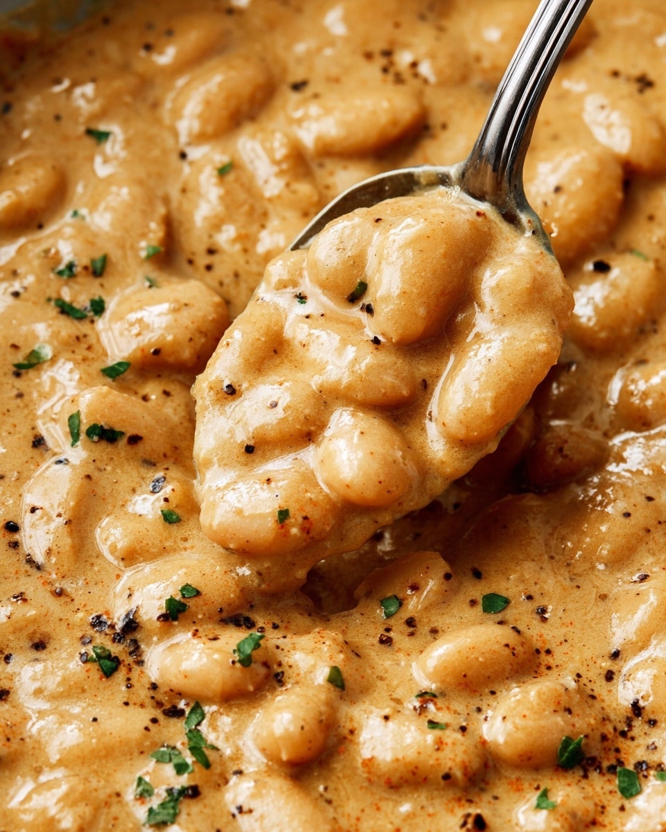 This close-up shows a thick, creamy dish filled with small, white beans covered in a smooth, light beige sauce with pepper specks and small bits of green herbs scattered on top. A silver spoon scoops up the beans and sauce, highlighting the glossy and rich texture. The beans are tender and soft-looking, while the sauce appears velvety with a slightly grainy surface from spices. The whole scene is set against a white marbled texture. photo taken with an iphone --ar 4:5 --v 7
