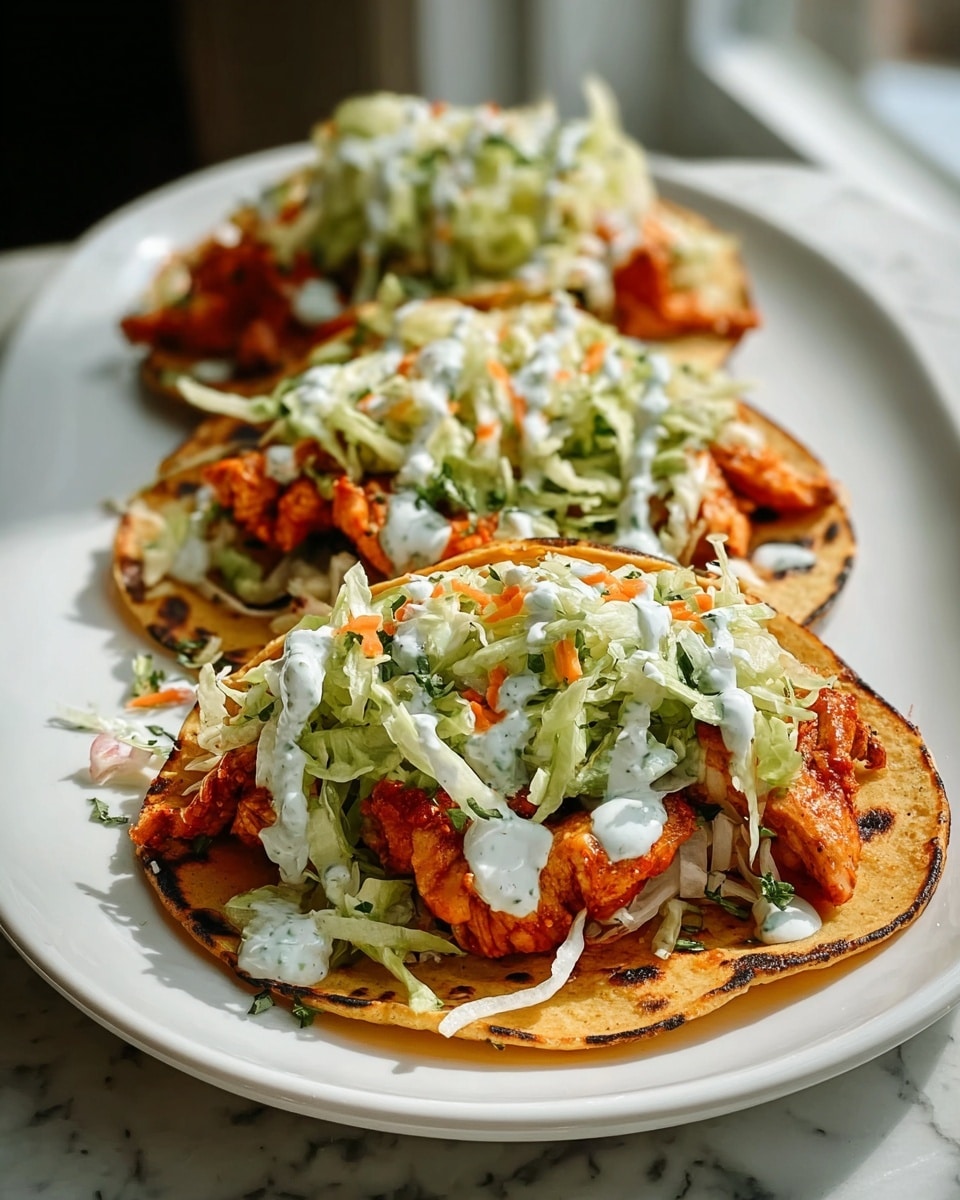 Three fish tacos are arranged on a white oval plate placed on a white marbled surface. Each taco has a slightly charred golden corn tortilla base, topped with flaky, orange-brown cooked fish pieces. Above the fish is a layer of green shredded lettuce mixed with small bits of orange carrot. The top layer is creamy white sauce drizzled over the vegetables, with small green herb leaves visible within the sauce. The tacos are positioned close together, facing slightly to the right. Soft natural light highlights the textures and colors, showing a fresh, appetizing meal. Photo taken with an iphone --ar 4:5 --v 7