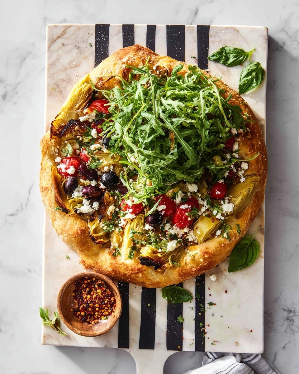 A round pizza with a golden-brown, thick crust is topped with layers of colorful ingredients: red cherry tomatoes, green and black olives, white crumbled cheese, and slices of artichoke. On top of these layers, there is a fresh pile of bright green arugula leaves spread mostly on one side. In the center near the top edge, a small wooden bowl contains red chili flakes and a basil sprig. The pizza sits on a black and white striped cutting board placed on a white marbled surface. Small green leaves and a tiny flower decorate the board. The photo taken with an iphone --ar 4:5 --v 7