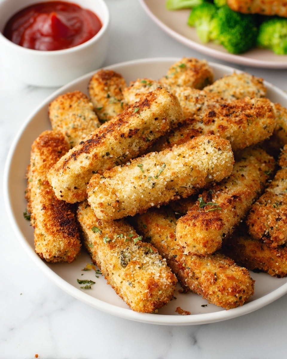 A white plate is filled with about two layers of golden-brown breaded sticks, each one crispy with a textured coating showing small bits of seasoning and herbs. They are arranged closely and slightly overlapping in a casual pile. In the background, there is a divided white plate holding bright green broccoli on one side and another breaded stick on the other. A white ramekin filled with red ketchup sits nearby, all placed on a white marbled surface. Photo taken with an iphone --ar 4:5 --v 7