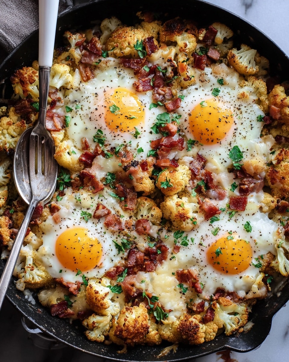 The image shows a black pan filled with roasted cauliflower pieces mixed with small chunks of crispy bacon and melted cheddar cheese. Three sunny-side-up eggs are scattered evenly on top, their whites cooked and yolks still soft and glossy. The cauliflower is golden-brown from roasting and mixed with bits of red bell pepper and herbs sprinkled throughout for color. The cheese is melted and slightly browned, stretching between the ingredients. The dish is seasoned with black pepper and garnished with finely chopped green herbs. Part of a spoon and fork rest inside the pan near the bottom left. The pan sits on a white marbled surface. photo taken with an iphone --ar 4:5 --v 7