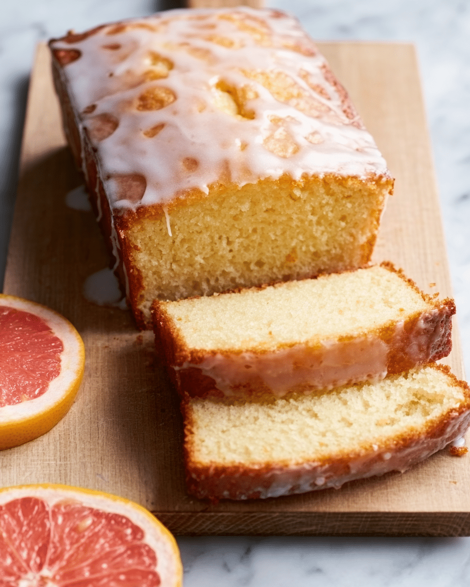A loaf of yellow pound cake is shown on a wooden cutting board placed on a white marbled surface. The cake is glazed with a shiny white icing that drips slightly over the sides. Two thick slices are cut and laid flat in front of the remaining loaf, showing a soft, moist, and slightly porous texture inside. A halved pink grapefruit with a juicy and bright interior is positioned near the bottom left corner of the board. Photo taken with an iphone --ar 4:5 --v 7