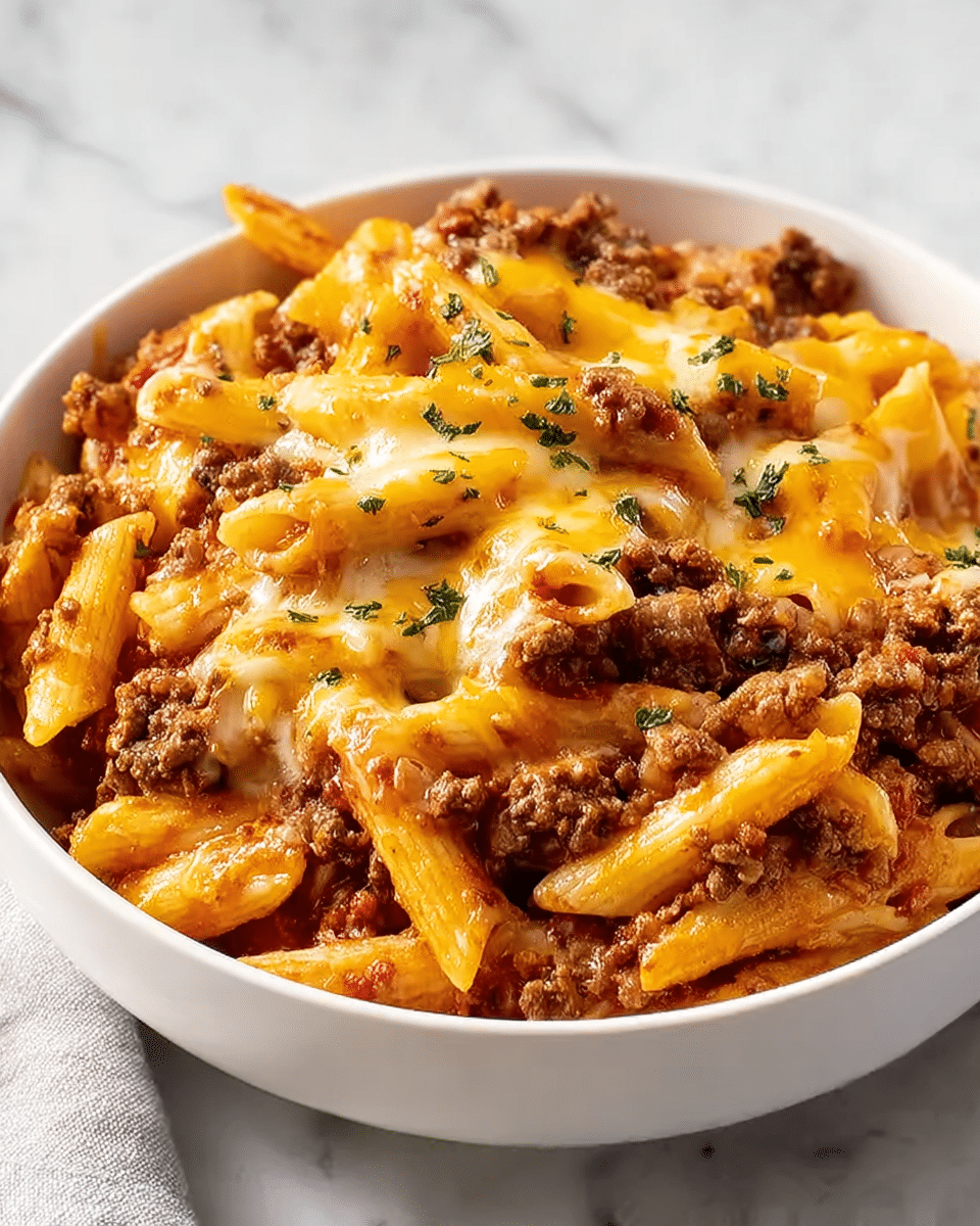 A white bowl filled with creamy pasta layered with rich ground beef, the penne pasta is coated in a thick, smooth orange cheese sauce that glistens under the light. The pasta and beef are mixed evenly throughout, and the top is covered with melted cheddar cheese that forms a slightly stretchy, glossy layer, garnished with small green herb leaves scattered lightly. The bowl sits on a white marbled surface with a soft yellow cloth partially visible underneath. photo taken with an iphone --ar 4:5 --v 7