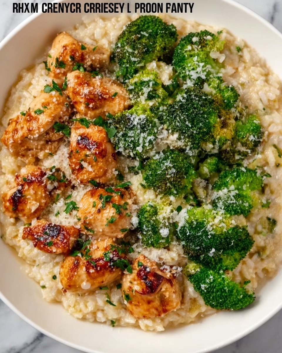 The dish shows a white plate filled with a layered meal starting with a creamy light beige rice base at the bottom, topped with bright green broccoli florets scattered evenly around. On top of the broccoli, there are pieces of golden-brown, slightly crispy chicken chunks coated in a creamy sauce. The entire dish is sprinkled with grated Parmesan cheese and small green herbs, adding texture and color contrast. The surface under the plate has a white marbled texture. photo taken with an iphone --ar 4:5 --v 7
