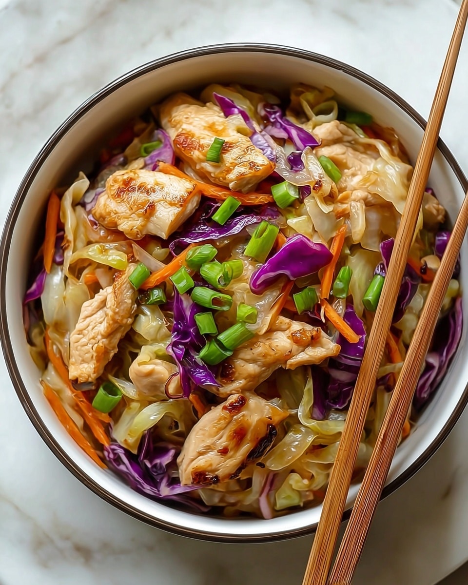 The image shows a bowl filled with a stir-fry dish that has three main layers. The bottom layer consists of mixed cooked vegetables including shredded white and purple cabbage, translucent onions, and thin orange carrot strips. The middle layer is made of medium-sized, tender chicken pieces that are golden-brown with some crispy edges, scattered on top of the vegetables. The top layer is sprinkled with small green onion slices, adding a fresh green color contrast. A pair of light brown wooden chopsticks rests on the edge of the white bowl, which sits on a white marbled surface. Photo taken with an iphone --ar 4:5 --v 7