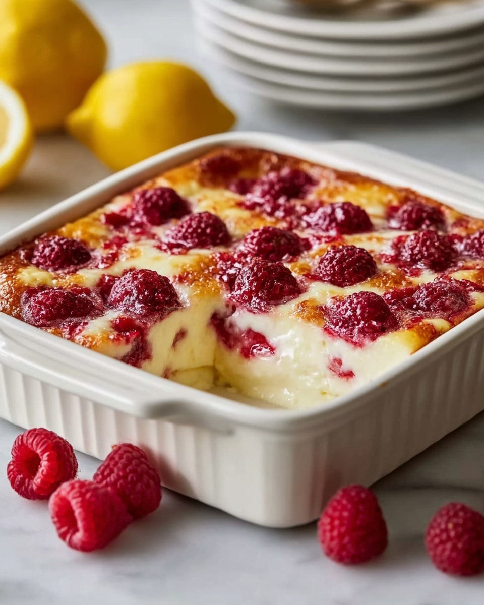 A white square ceramic dish with a baked dessert inside, showing a golden brown top layer with soft white cream underneath; bright red raspberries are scattered on top and partly sunk into the creamy layer, with some fresh raspberries beside the dish on a white marbled surface; a slice is missing from the dish revealing the fluffy, creamy inside texture combined with embedded raspberries; a whole lemon can be seen blurred in the background. photo taken with an iphone --ar 4:5 --v 7