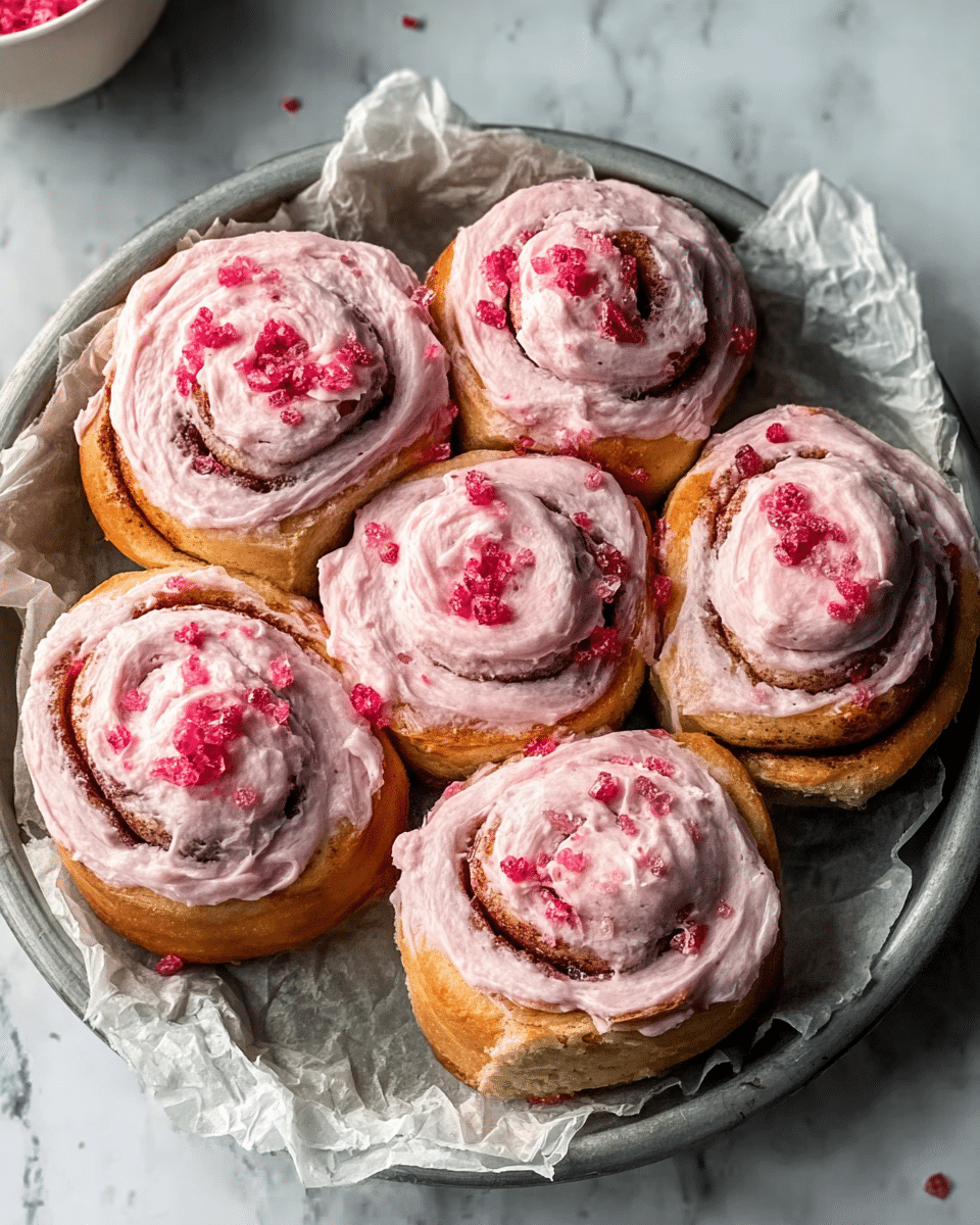 Six cinnamon rolls are placed closely together on a round white plate lined with parchment paper. Each roll has a light golden brown base layer of soft dough, swirled with a dark brown cinnamon filling in the center. On top of each roll, there is a thick layer of light pink frosting with a creamy texture, spread unevenly to give a homemade look. Small clusters of bright pink sugar crystals are scattered on the frosting, adding a rough texture and a pop of color. The plate sits on a white marbled surface, enhancing the contrast with the rolls. Photo taken with an iphone --ar 4:5 --v 7