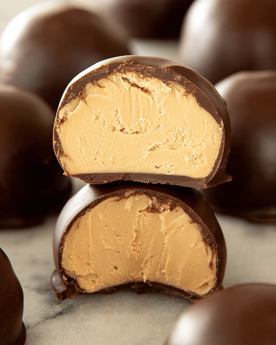 A close-up view of multiple round truffles, with two truffles cut in half and stacked in the center, showing a thick creamy light tan peanut butter filling inside, surrounded by a thin, smooth, dark brown chocolate shell. The truffles in the background appear whole and round with the same dark chocolate coating. The surface beneath them is a white marbled texture with a soft reflection of the truffles. photo taken with an iphone --ar 4:5 --v 7