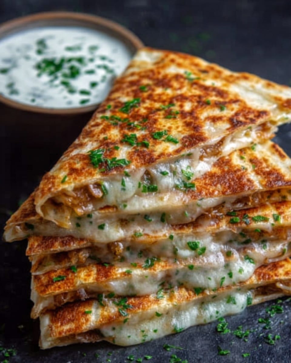 A close-up image of a stack of four folded quesadilla slices arranged in a slightly spread fan shape on a dark surface, each slice showing melted cheese oozing out with bits of green herbs and lightly browned tortilla edges. The top slice is garnished with small green herb pieces. A small white bowl of creamy white dip with green herbs is placed beside the quesadilla stack. The background is a white marbled texture. photo taken with an iphone --ar 4:5 --v 7