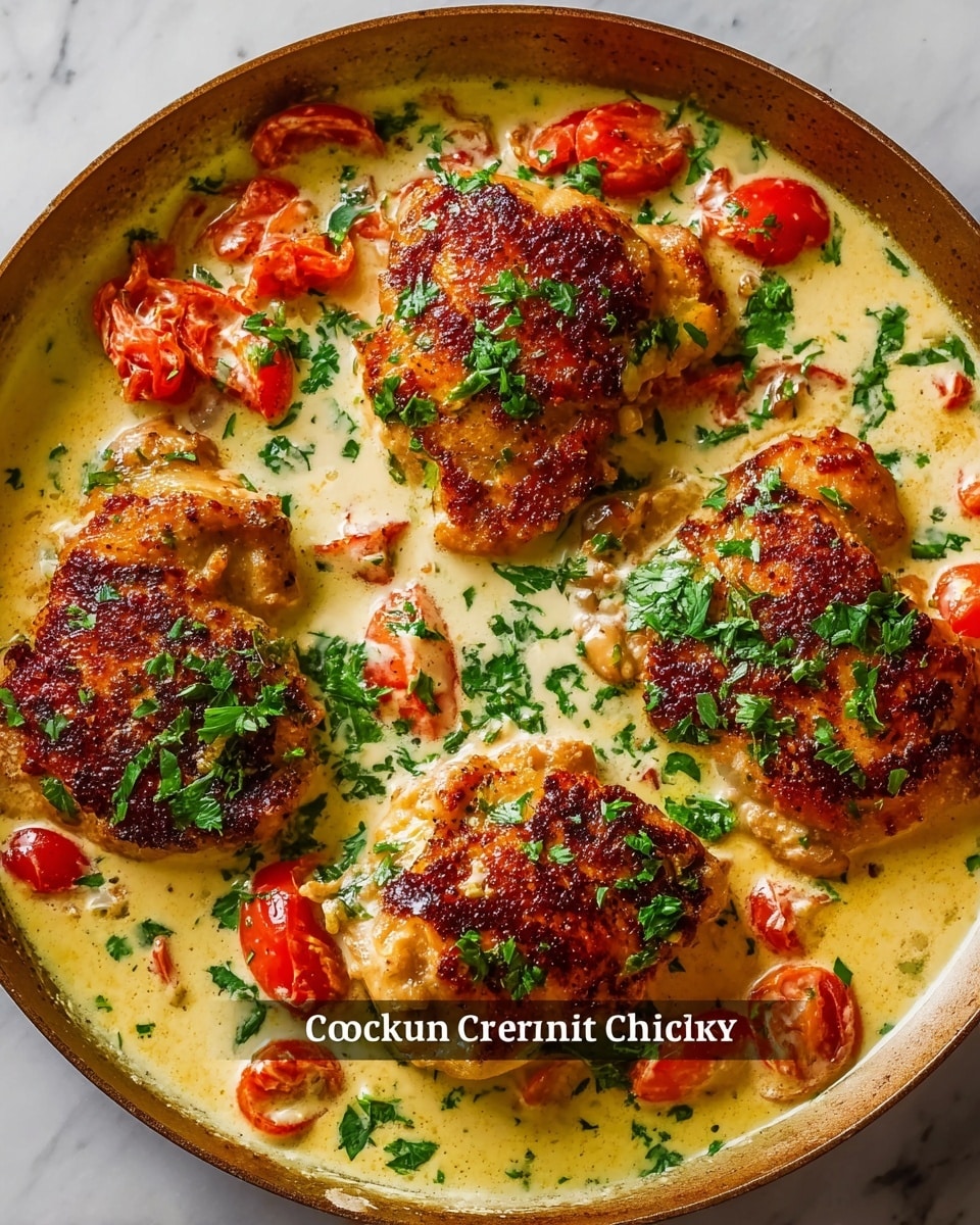 The dish shows four pieces of browned chicken with a crispy, golden-brown skin resting in a creamy sauce. The sauce is light yellow, thick, and smooth with specks of green herbs spread throughout. Small pieces of red tomato and bright green chopped cilantro or parsley are scattered on top and around the chicken. The chicken sits in a shallow, white pan filled with the sauce, and tiny oil droplets float on the surface, adding shine. The texture of the chicken looks juicy and tender, while the sauce appears rich and creamy. The whole dish is on a white marbled surface. photo taken with an iphone --ar 4:5 --v 7