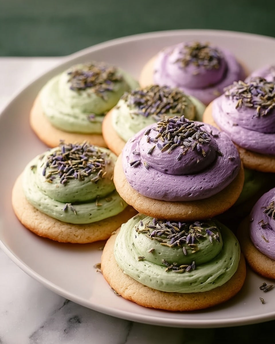A white plate filled with round cookies, each having two layers of frosting: a bottom layer of light green smooth frosting and a top layer of light purple frosting, both swirled in soft, fluffy dollops. The purple frosting on top is sprinkled generously with dried lavender buds, adding texture and color contrast. The cookies have a light golden-brown base with a soft, slightly crumbly texture. The plate sits on a white marbled surface. photo taken with an iphone --ar 4:5 --v 7