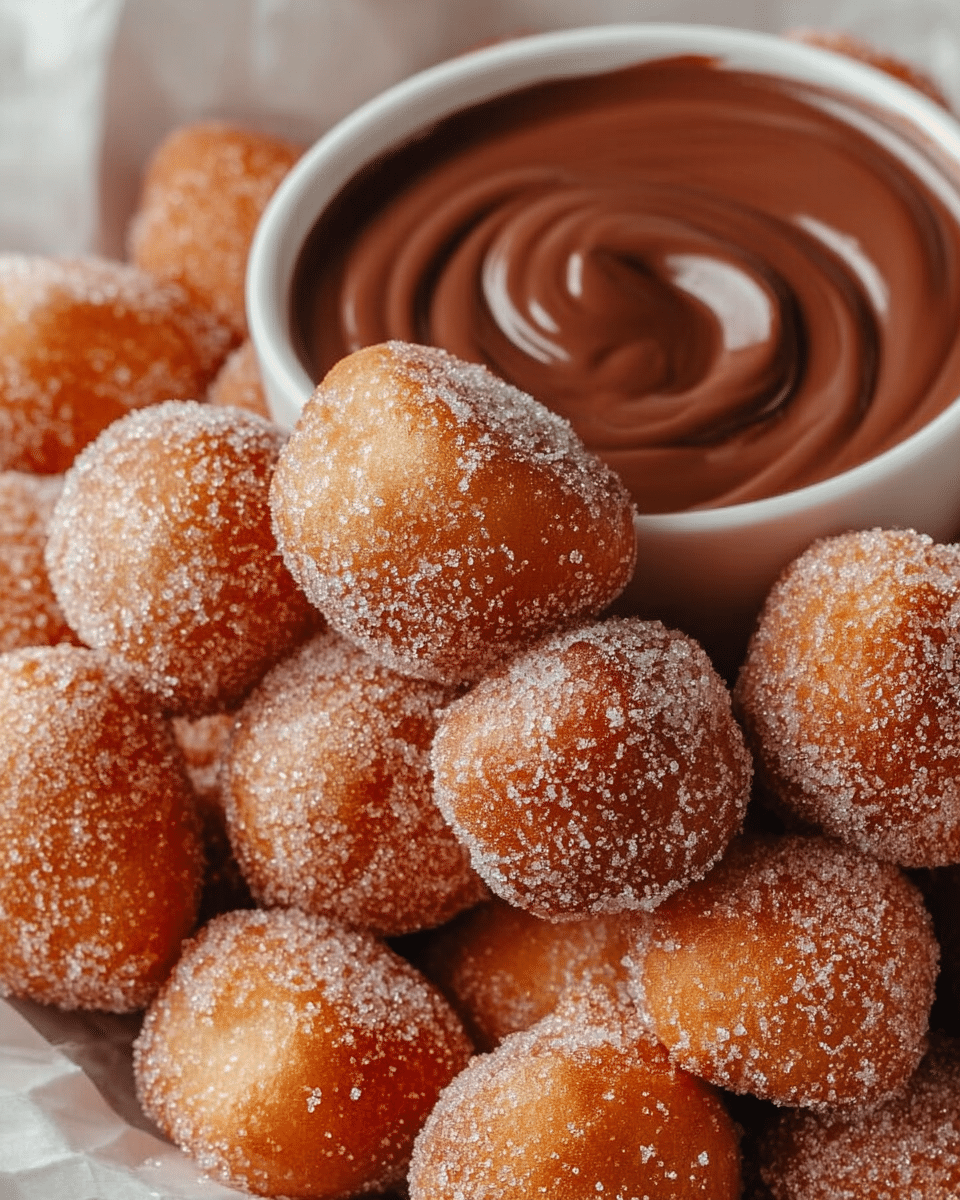 A close-up view of many small golden-brown doughnut holes coated with a fine layer of sugar, showing a slightly rough texture with a light sparkling effect. They are piled closely together, creating a soft mound around a white bowl filled with smooth, thick chocolate sauce that has a glossy surface with gentle swirls. The background is a white marbled texture. photo taken with an iphone --ar 4:5 --v 7
