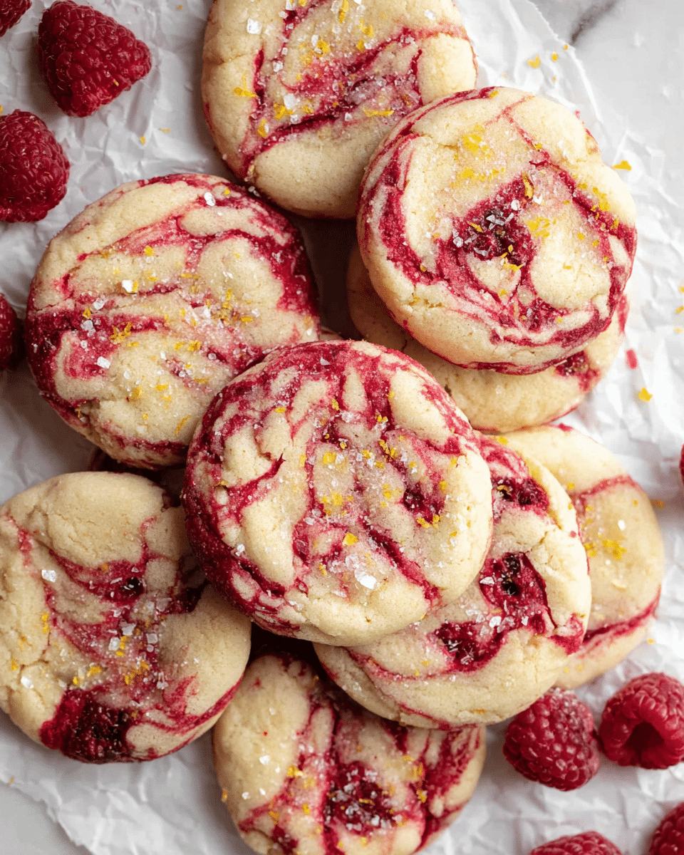 A group of round cookies with a slightly cracked texture lay on crumpled white paper on a white marbled surface, each cookie about one layer thick with a creamy beige base interspersed with swirls of deep red raspberry streaks. The swirls create a marbled effect across the tops of the cookies. Some cookies are topped with coarse sparkling sugar crystals and small bits of yellow lemon zest adding texture and color contrast. Scattered around the cookies are whole fresh red raspberries, adding a pop of bright color. photo taken with an iphone --ar 4:5 --v 7