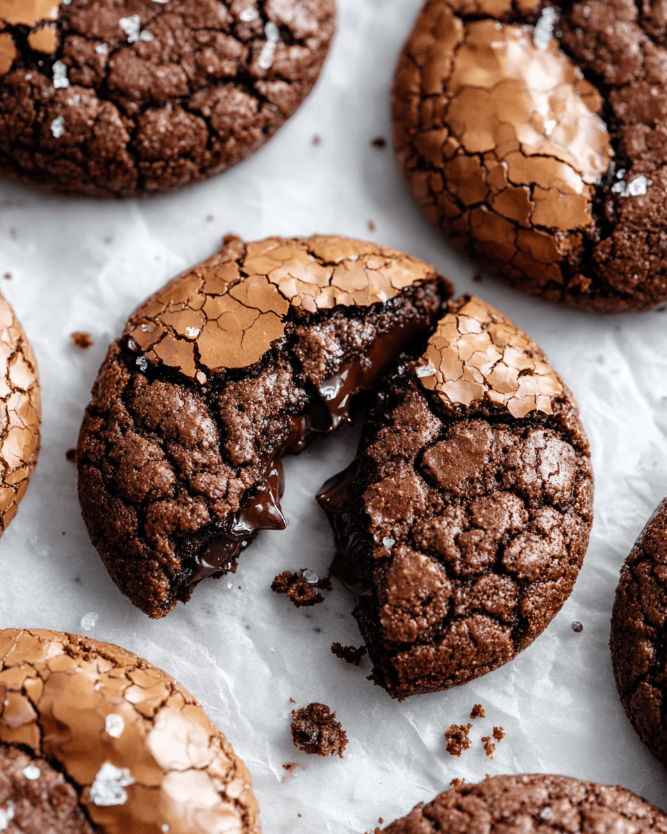 A close-up view of several round chocolate cookies with cracked tops showing a shiny, thin, crispy layer in dark brown and light brown shades. One cookie is in the center with a large bite taken out, revealing a rich, fudgy, almost molten dark chocolate inside. The cookies sit on white parchment paper, which rests on a white marbled surface, and small crumbs are scattered around them. Photo taken with an iphone --ar 4:5 --v 7