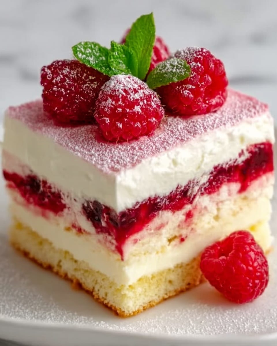 The image shows a square slice of layered dessert on a white plate with a white marbled surface underneath. The bottom layer is a light, soft cake base in a pale yellow color, topped by a thick, smooth layer of white cream. Above this is a vivid red fruit layer with small bits of berry texture. On top of this fruit layer is another thick, smooth white cream layer. The dessert is finished with a dusting of light pink powder and several fresh red raspberries arranged on top, along with a small green mint leaf for decoration. One raspberry is placed next to the slice on the plate. Photo taken with an iphone --ar 4:5 --v 7
