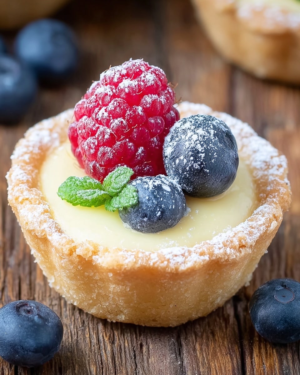 A small tart with one thick layer of smooth, light yellow cream filling inside a golden brown, slightly crumbly crust sprinkled lightly with powdered sugar. On top of the cream are three fresh berries: one bright red raspberry with detailed seeds and two dark blue blueberries with a dusting of powdered sugar. There is a small mint leaf tucked between the berries for a touch of green. The tart is placed on a rustic wooden surface with a few loose blueberries scattered around. photo taken with an iphone --ar 4:5 --v 7