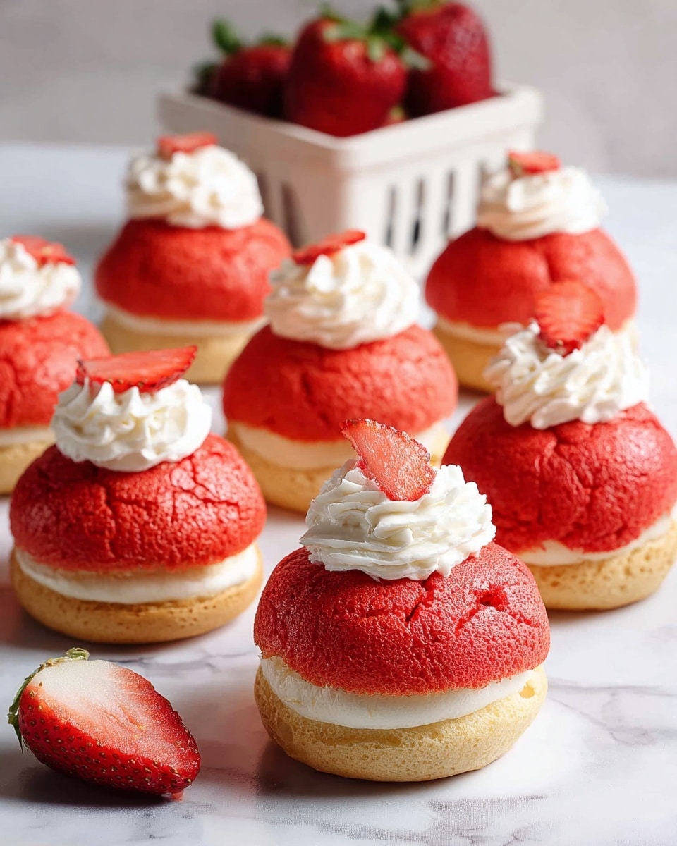 The image shows seven round cream puffs arranged on a white marbled surface. Each cream puff has two layers: a golden-brown base layer and a vibrant red cracked top layer with a rough texture. On top of each red layer is a swirl of white whipped cream, and a thin slice of strawberry is placed on the cream in the foreground cream puffs. In the background, a white square basket filled with whole strawberries is partially visible, along with one half strawberry lying on the surface near the front left corner of the image. The lighting is bright and soft, highlighting the details and colors of the cream puffs. Photo taken with an iphone --ar 4:5 --v 7