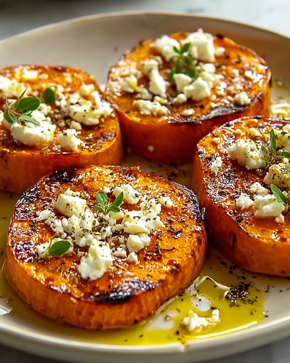 Four thick, round slices of roasted sweet potato with a bright orange color and lightly charred edges are arranged on a white plate. Each slice is topped with crumbled white cheese, sprinkled with black pepper, and small green herb leaves. The sweet potatoes are glistening with a drizzle of golden olive oil that pools slightly around them on the plate. The white marbled surface underneath adds a clean and fresh look to the presentation. photo taken with an iphone --ar 4:5 --v 7