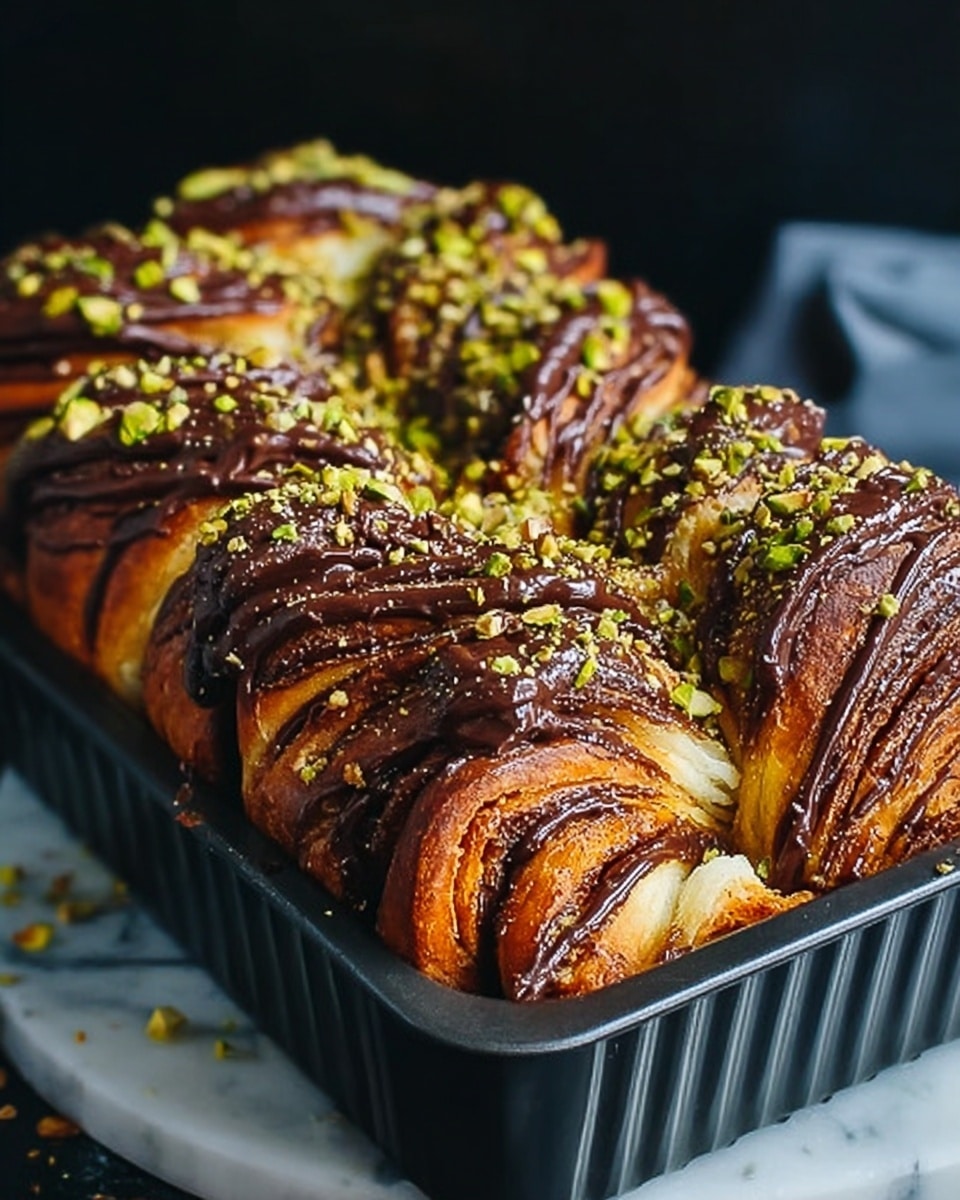 The image shows a close-up of a baked bread with multiple visible layers of golden brown dough twisted and folded to reveal dark chocolate filling in between. The top is thickly drizzled with dark chocolate sauce, creating shiny dark stripes across the raised ridges of the bread. Small pieces of green pistachios and crushed nuts are sprinkled evenly on top, adding pops of color and texture. The loaf is inside a black baking pan with ridged sides, placed on a white marbled surface, and a blurred dark background behind. photo taken with an iphone --ar 4:5 --v 7