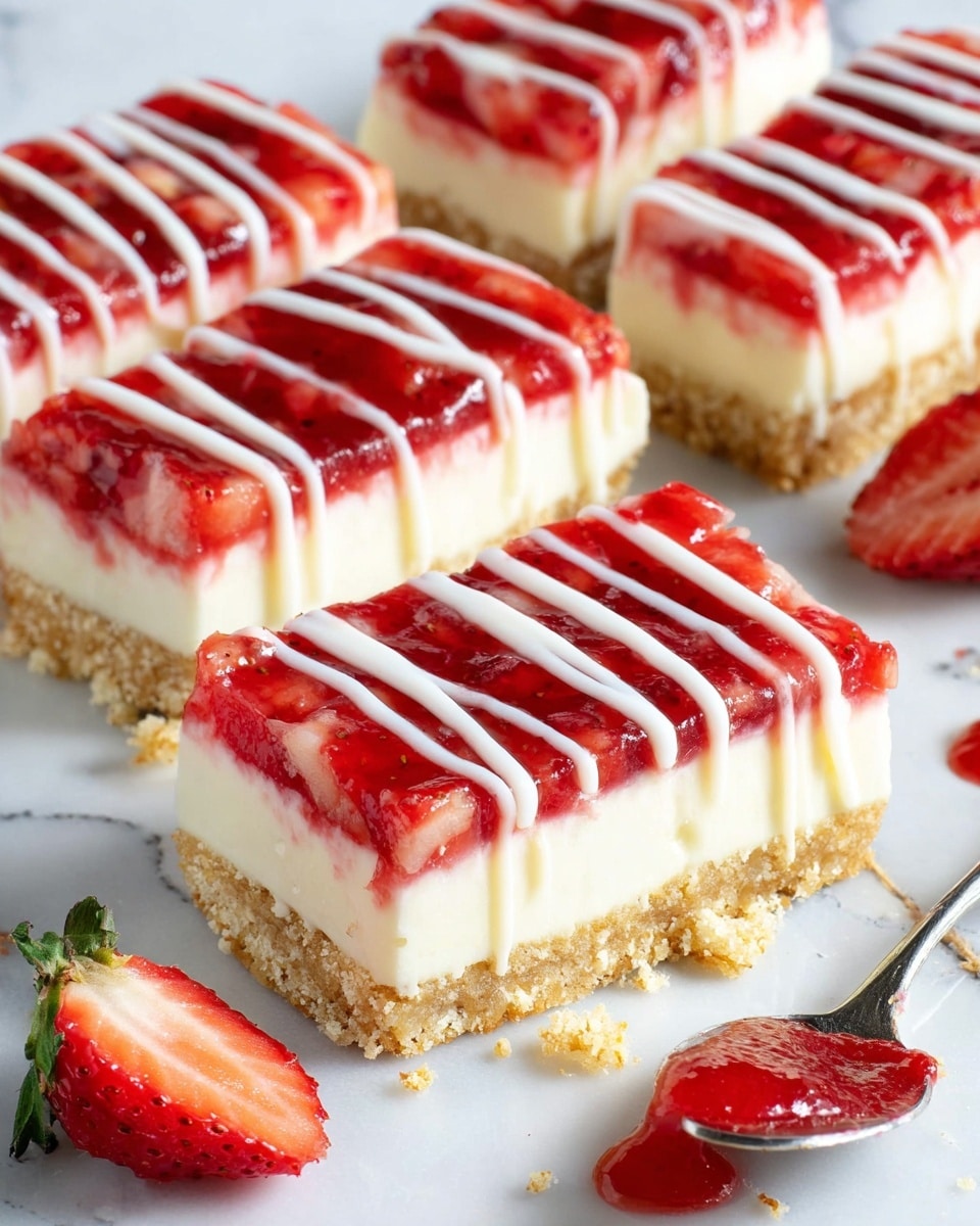 The image shows rectangular strawberry cheesecake bars with three clear layers: a bottom layer of light brown crumbly crust, a thick middle layer of smooth pale cream cheese filling, and a top layer of shiny red strawberry topping with strawberry pieces visible. White icing is drizzled in thin, wavy lines evenly over the strawberry layer. The bars are placed on a white marbled surface, where some crumbs and a spoon with extra red strawberry sauce sit nearby. There is also a halved fresh strawberry showing its inner red color and seeds near the bars. photo taken with an iphone --ar 4:5 --v 7