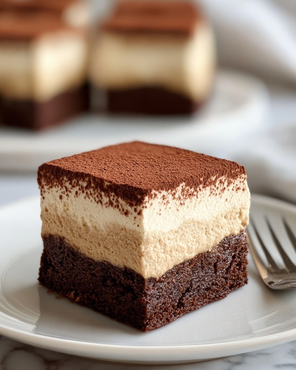 The image shows a two-layer square dessert piece on a white plate set on a white marbled surface. The bottom layer is a dense, dark brown chocolate cake with a moist texture, while the top layer is a light beige creamy mousse with an airy, slightly uneven surface. The mousse layer is thicker than the cake layer and has a dusting of fine cocoa powder on top, creating a thin, dark brown coating. The background is softly blurred, showing more pieces of the same dessert, and a silver fork rests on the plate to the right of the dessert. Photo taken with an iphone --ar 4:5 --v 7