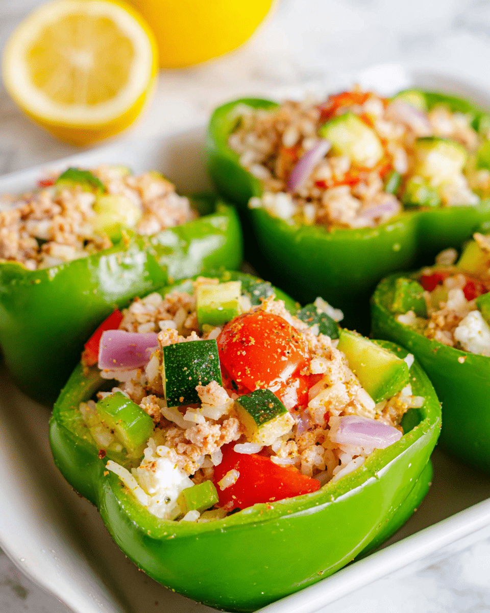 A close-up image showing three green bell pepper halves placed on a white plate, each filled with a colorful mix of cooked white rice, ground meat, small pieces of red onion, diced green zucchini, and halved cherry tomatoes. The filling is moist and clumpy, filling each pepper half fully with a slightly uneven texture. In the background, two lemon halves add a soft yellow contrast to the vibrant green peppers and colorful filling. The entire scene is set on a white marbled surface. photo taken with an iphone --ar 4:5 --v 7