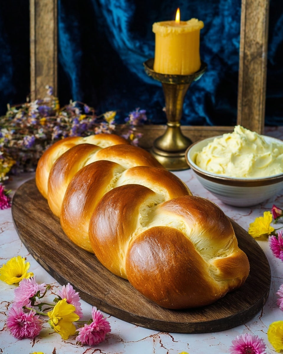 A shiny golden-brown braided loaf of bread is placed on a round wooden board, with its smooth, glossy surface showing three thick braided strands. Behind it, there is a white bowl filled with creamy, pale yellow butter that has a soft, whipped texture. The scene is decorated with small yellow and pink flowers scattered around the bread and bowl. In the background, a brass candle holder with a lit yellow candle stands on top of dark blue velvet fabric, adding warm light and rich color contrast. The whole setup sits on a white marbled surface with a rustic wooden frame partially visible. Photo taken with an iphone --ar 4:5 --v 7