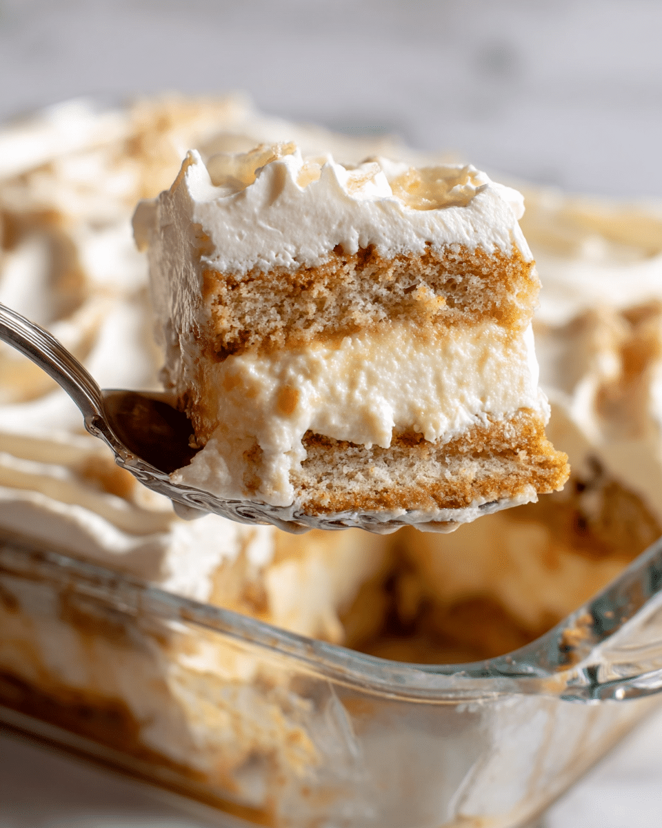 A close-up of a dessert slice held on a silver spoon inside a transparent glass dish, showing three visible layers of light brown cake soaked with a syrupy texture, each separated by creamy white frosting that looks soft and fluffy. The top layer is also covered with the same creamy frosting. The background shows the rest of the dessert in the glass dish on a white marbled surface. Photo taken with an iphone --ar 4:5 --v 7