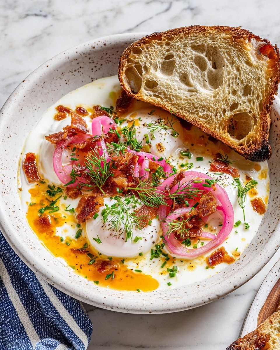 A white speckled shallow bowl holds three smooth poached eggs placed side by side on a creamy white yogurt base, drizzled with glowing orange oil and small crispy bacon pieces scattered around. Thin slices of pink pickled onions form rings on top of the eggs, garnished with bright green chopped chives and fresh dill sprigs. On the right edge, a large piece of toasted bread with a golden brown crust leans into the bowl, showing its airy texture. The dish is set on a white marbled surface with a blue and white striped cloth nearby. Photo taken with an iphone --ar 4:5 --v 7