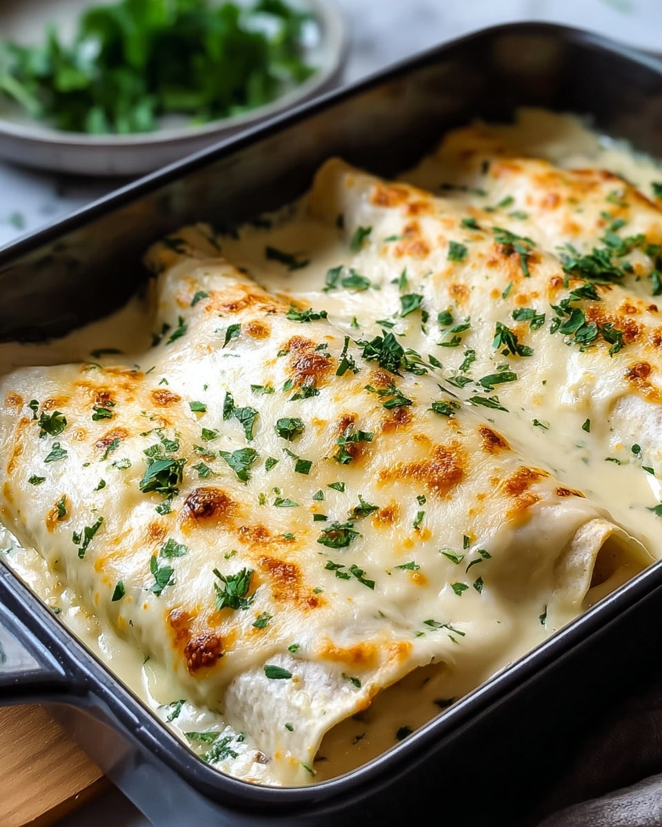 A rectangular dark baking dish holds three rolled crepes side by side, covered with a thick layer of creamy white cheese sauce that is slightly browned and bubbly on top, showing golden toasted spots. The edges of the crepes peek through the sauce, showing a soft, light beige texture. Fresh green chopped herbs are scattered evenly over the melted cheese, adding a fresh color contrast. The dish is placed on a white marbled surface with a blurred plate of herbs in the background. photo taken with an iphone --ar 4:5 --v 7