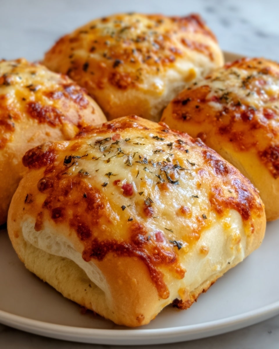 The image shows three golden-brown baked rolls on a white plate, placed on a white marbled surface. Each roll has a browned, bubbly cheese layer on top with small bits of black pepper and herbs sprinkled over it. The dough underneath looks soft but slightly crispy around the edges. The cheese covers the top fully, with a slight shine from being melted. The rolls are arranged close together, highlighting their puffy texture and warm, inviting color. photo taken with an iphone --ar 4:5 --v 7