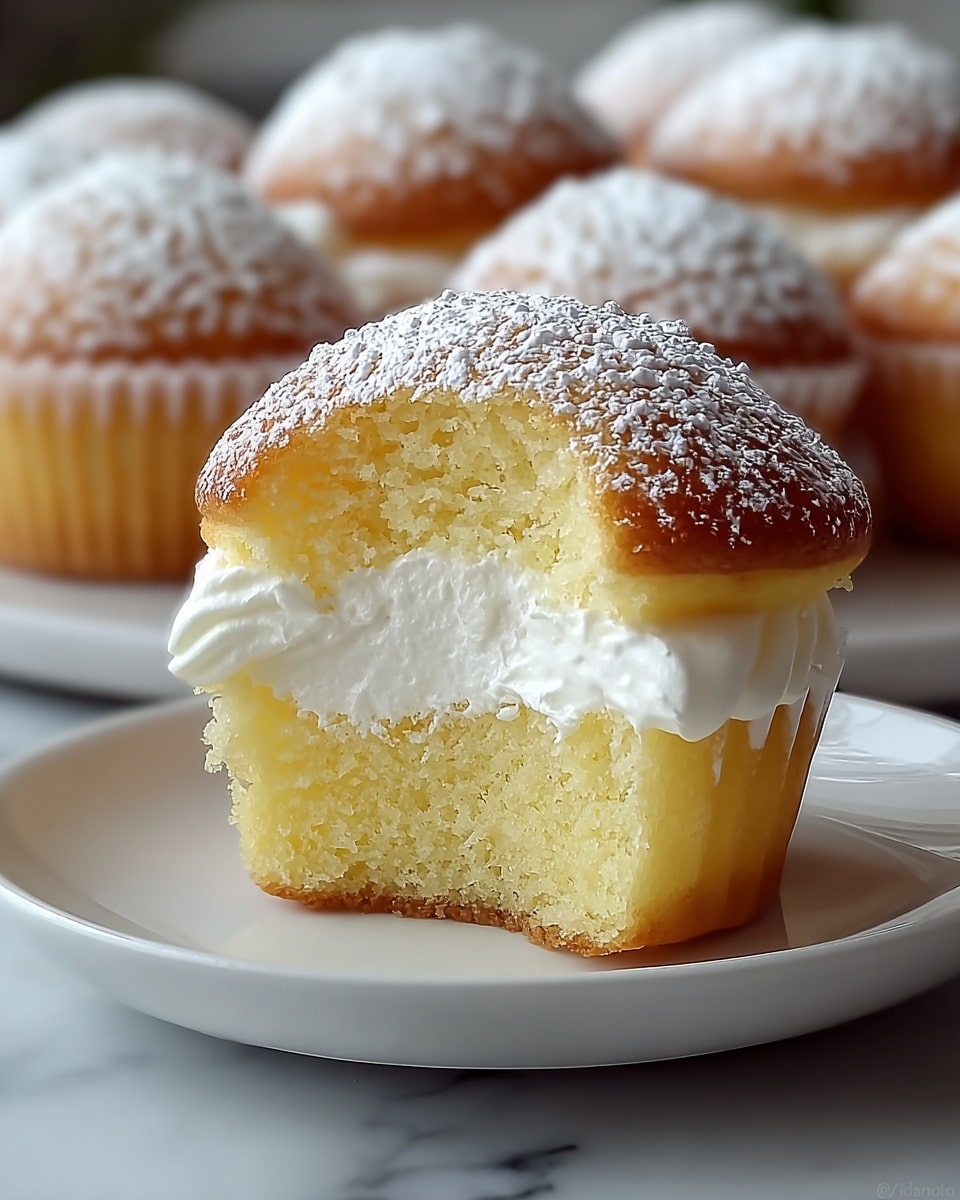 A close-up of a small cupcake cut in half to show its soft yellow cake inside with a thick layer of white whipped cream in the middle, topped with a domed golden brown top dusted with powdered sugar. There are more identical cupcakes in the background, all sitting on a white plate on a white marbled surface. photo taken with an iphone --ar 4:5 --v 7