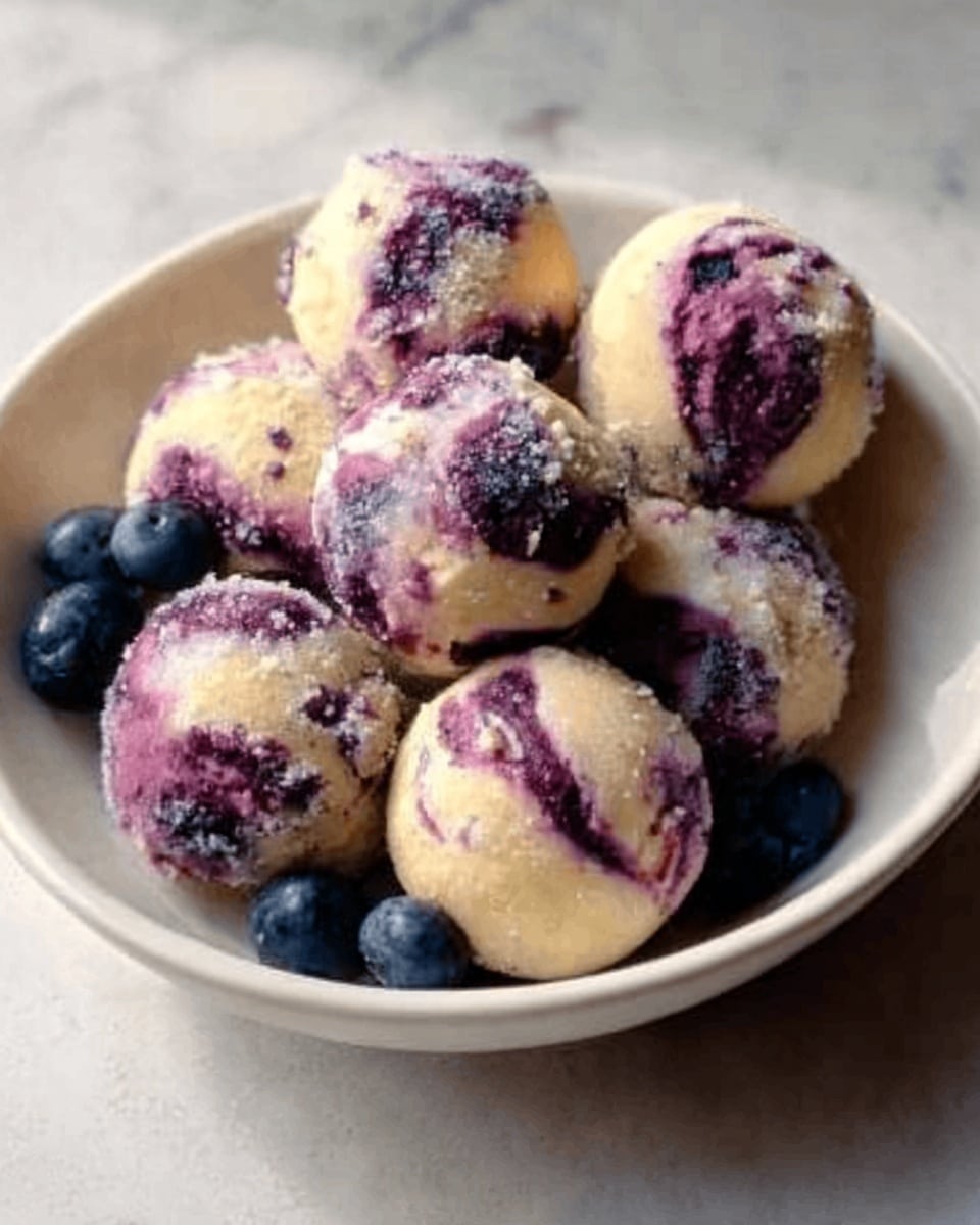 A white bowl holds seven round dessert balls with a creamy beige base, mixed with swirls of deep purple creating a marbled look. The texture appears smooth with some small crumbly spots on the surface. At the base of the bowl, a few fresh blueberries are scattered, adding a pop of dark blue. The bowl sits on a white marbled textured surface. Photo taken with an iphone --ar 4:5 --v 7