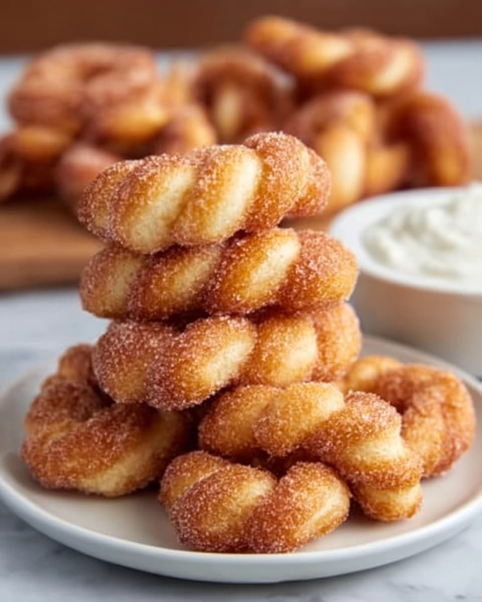 The image shows a stack of golden-brown twisted doughnuts covered in sugar on a white plate. The doughnuts have a shiny, crispy texture with visible granules of sugar sparkling on the surface. Each doughnut is twisted into about five thick ridges, and they are piled up in a way that some are leaning against each other. In the background, another white plate with more doughnuts and a small white bowl filled with white cream or dipping sauce is slightly blurred. The whole scene sits on a white marbled surface. photo taken with an iphone --ar 4:5 --v 7