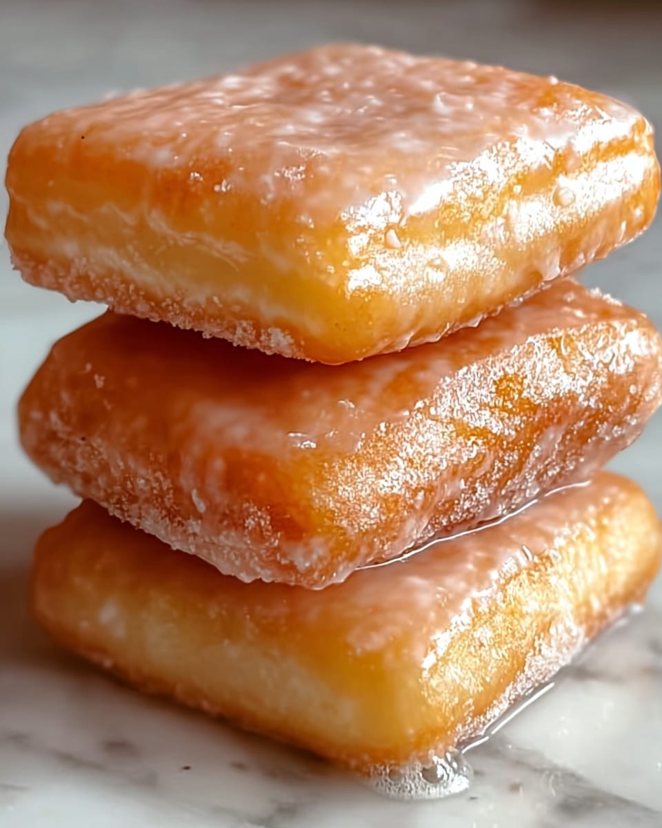A close-up view of a stack of three square-shaped pastries, each golden brown with a slightly crispy texture. The pastries are coated evenly with a shiny, translucent glaze that gives a sticky, glossy finish. The glaze pools slightly around the edges and base of the stack, reflecting light softly. The focus is tight, highlighting the smooth surface and subtle puffiness of each pastry layer. The background is a white marbled texture. photo taken with an iphone --ar 4:5 --v 7