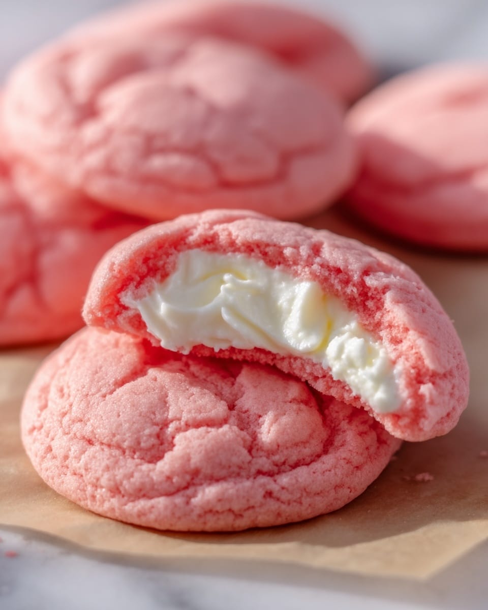 The image shows soft pink cookies with a cracked texture on top, revealing a creamy white filling inside the cookie that looks smooth and rich. The cookies are placed on a piece of parchment paper, with one cookie slightly broken open to show the filling inside. The pink color of the cookie is bright and even, while the filling contrasts with its clean white, soft cream texture. The background is a white marbled surface. Photo taken with an iphone --ar 4:5 --v 7